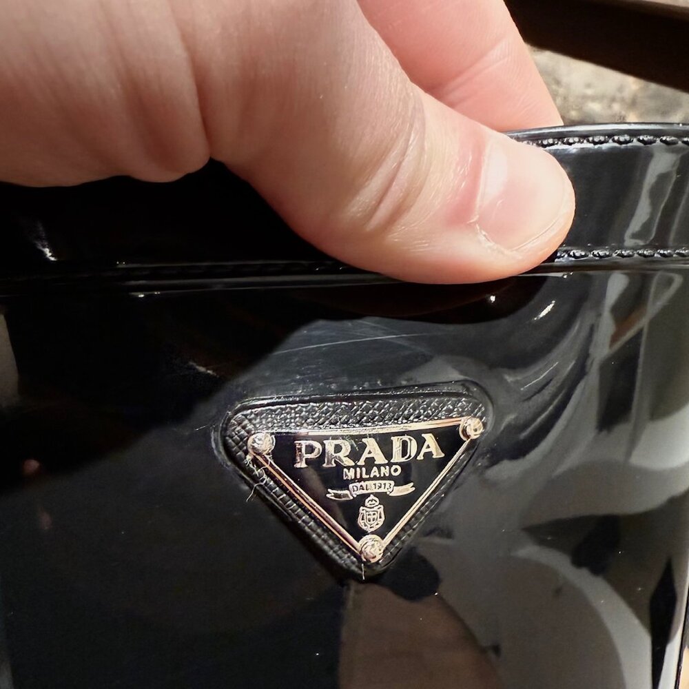 Prada Black Enamel Triangle Mid-Calf Rain Boots - Picture 2 of 14